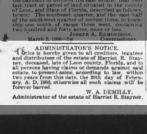 Administrators Notice for the Estate of Harriet R. Stayner